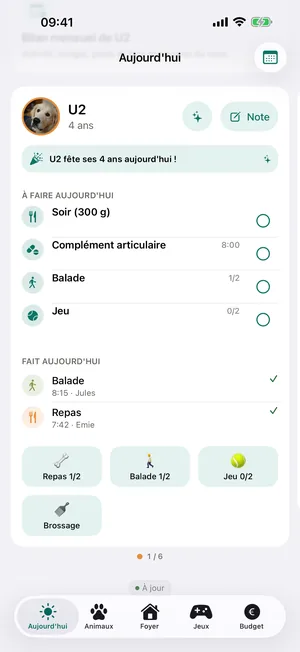 Écran « Aujourd’hui » de l’app MyArk : les soins à faire pour le chien U2 et ceux déjà faits par la famille