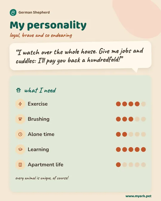 The German Shepherd Dog’s personality and needs, shown as gauges from 1 to 5.