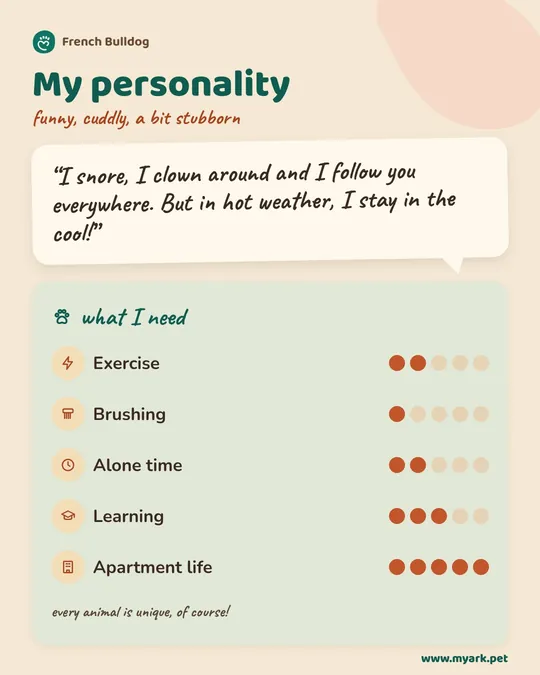 The French Bulldog’s personality and needs, shown as gauges from 1 to 5.