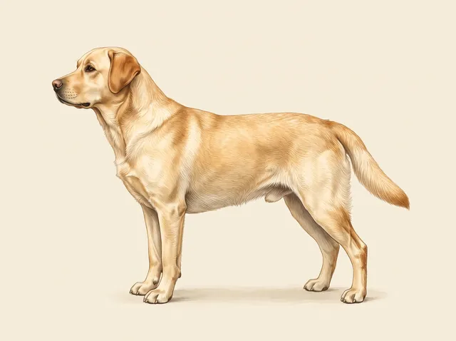 Naturalist illustration of a yellow Labrador Retriever with a short coat and a thick “otter” tail.